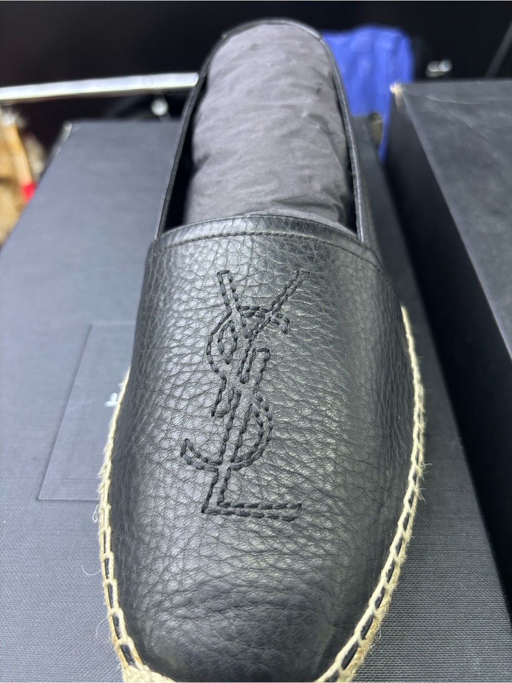 Saint Laurent Black Leather Espadrille with Monogram
